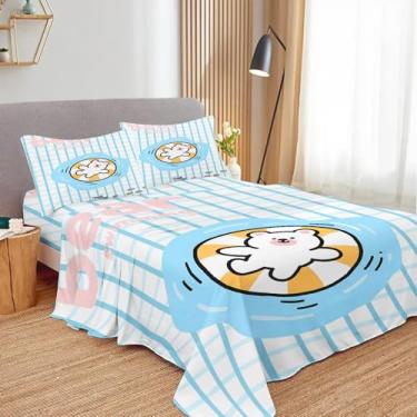Imagem de SNcek Jogo de lençol infantil de urso fofo, tamanho solteiro, 4 peças, listrado, microfibra com bolso profundo