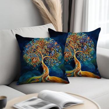 Imagem de Capas de travesseiro coloridas de árvore da vida de fantasia 45,7 x 45,7 cm, capas de almofadas quadradas, arte caprichosa decorativa para sofá, sala de estar, quarto, decoração de casa