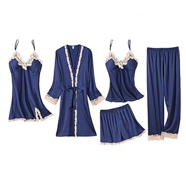 Imagem de HHHJQFAAT Pijama feminino 3 peças floral rendado acabamento cetim Cami conjunto de pijama com robe decote em V roupa de dormir vestido G azul marinho-B (azul marinho f)