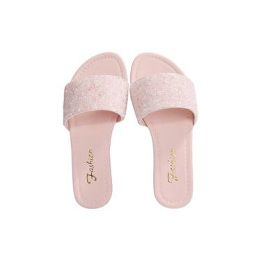 Imagem de BEAUDRM Pantufas femininas com glitter com pérolas brilhantes com contas e bico aberto, rosa, 39