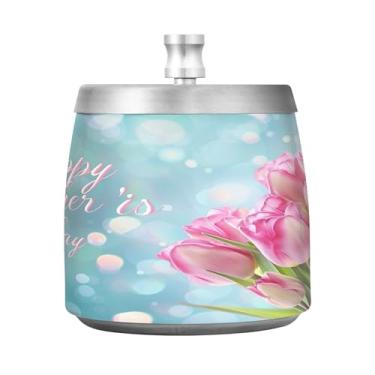 Imagem de STAYTOP Lindo cinzeiro colorido de tulipas com tampa, aço inoxidável à prova de vento, sem fumaça, cinzeiro grande de cigarro para decoração de escritório em casa