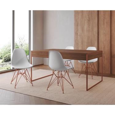 Imagem de Mesa Jantar Industrial Retangular Amêndoa 137X90Cm Com 4 Cadeiras Brancas Base Cobr Cor: Amendoa
