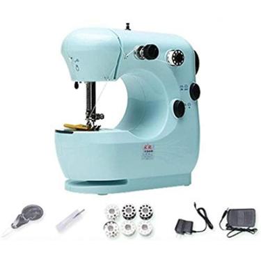 Imagem de Máquina de costura doméstica mini máquina de costura multifuncional elétrica pequena máquina de costura manual (presente 10 acessórios) azul atualizado