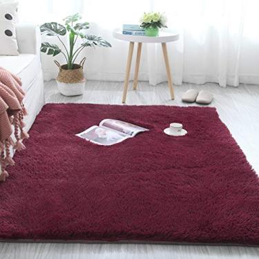Imagem de Tapetes de área fofos, peludos super macios tapete cor sólida antiderrapante e lavável para sala de estar quarto estudo banheiro varanda tapete de cabeceira infantil, vinho tinto, 80 * 160 cm