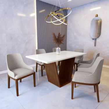 Imagem de Mesa de Jantar 1,6m Safira Off White com 6 Cadeiras Elisa Linho Bege Madeira Maciça Imbuia