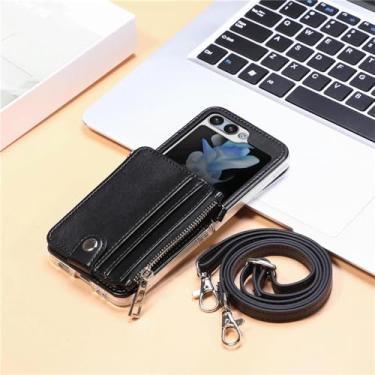 Imagem de Capa de couro carteira com clipe para foto para Samsung Z Flip5 Flip 5 Z Flip4 Flip ZFlip 5 4 Capa de cordão crossbody à prova de choque, preta, para Samsung Z Flip3