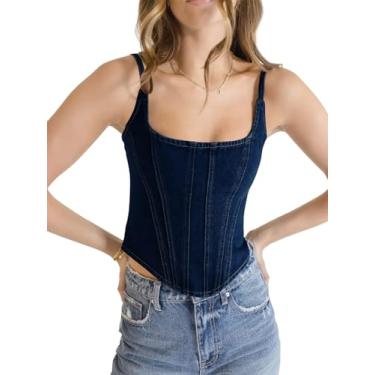 Imagem de Imily Bela Colete jeans feminino sem mangas cropped alças finas slim fit verão Cami Top, Azul marino, XG