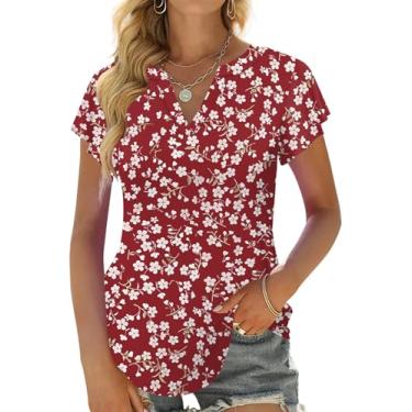 Imagem de Leafsay Blusa feminina de verão 2023, gola V, babados, manga curta, túnica casual, Branco, floral, vermelho, XG