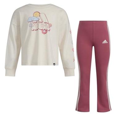 Imagem de adidas Conjunto de 2 peças de camiseta gráfica de manga comprida e calça flare para meninas, rosa urze, 12 meses, Rosa urze aveia, 12 Months