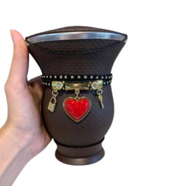 Imagem de Kit Chimarrão: Cuia de Porongo Revestida, Pulseira/Choker - Diversas Cores (Café coração vermelho)