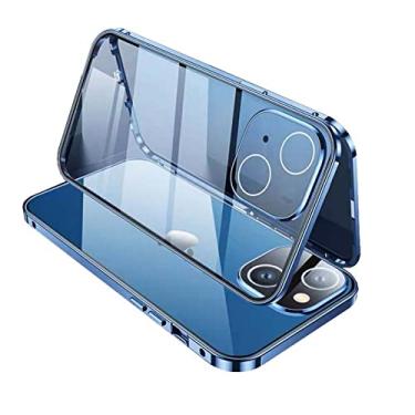 Imagem de Capa de telefone de vidro temperado transparente HD dupla face, para Apple iPhone 14 Plus 6,7 polegadas 2022 magnética [moldura de metal amortecedor], capa de vidro, azul