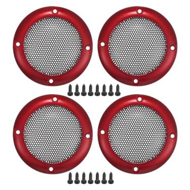 Imagem de ACROPIX Capa universal de grade de alto-falante de carro de 5 cm redonda de malha de 5 cm caixa protetora de subwoofer com parafusos de montagem vermelho ferro - pacote com 4