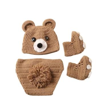 Imagem de Newborn Baby Photo Shoot Props Girl Boy Crochet Knit Hat Costume Stripe Hat Pants Overalls Photography Props (Khaki)
