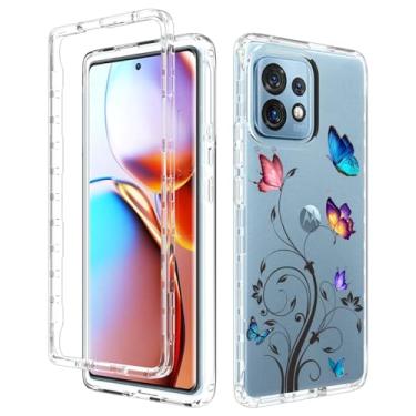 Imagem de Gufuwo Capa para Motorola Edge Plus 2023/X40/Edge 40 Pro XT2301 com protetor de tela de vidro temperado, proteção floral de corpo inteiro rígida + capa à prova de choque de TPU para Motorola Edge+