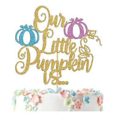 Imagem de Our Little Pumpkin is... Topo de bolo, decorações de chá de bebê de abóbora pequena, chá de bebê outono/Dia das Bruxas Ação de Graças Revelação de gênero de bebê suprimentos de decorações de festa,