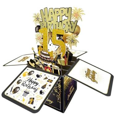 Imagem de Cartão de aniversário de 15 anos, decorações de aniversário de 15 anos para meninas e meninos, cartões 3D de feliz aniversário para filha filho de 15 anos, caixa de presente de aniversário para neto e