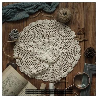 Imagem de RZGZKLSH Pacote com 2 jogos americanos retrô de renda estilo francês, toalhas de crochê francesas, tapetes de mesa bordados feitos à mão, toalha de mesa de café, decoração retrô (bege)