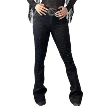 Imagem de Calça Jeans Preta Feminina All Black Moda Country Brilhos Pretos Cintu