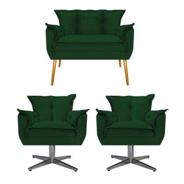 Imagem de Kit Namoradeira e 02 Poltronas Opala Base Giratória de Metal Suede Ver