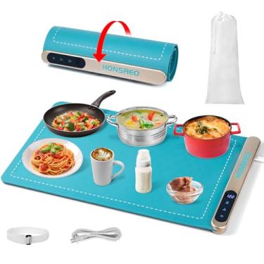 Imagem de HONSREO bandeja de aquecimento elétrica, tapete de aquecimento de silicone com 6 modos de temperatura e 6 configurações de temporizador, desligamento automático, almofada aquecedora de alime