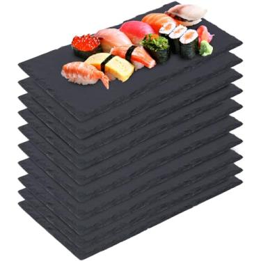 Imagem de IHDYPPEW Tábuas de queijo de ardósia, pacote com 10, 21 x 6 pratos de ardósia, tábuas de charcutaria preta - Bandeja de servir de pedra natural com giz de pedra-sabão para festas, presentes e eventos