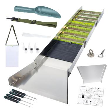 Imagem de Kit completo de panning e prospecção de ouro de 20 peças com caixa dobrável de 127 cm, equipamento de mineração portátil de liga de alumínio para adultos, inclui palhetas de fenda, lupa, ímã, frascos
