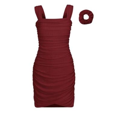 Imagem de EXARUS Vestido feminino franzido colado ao corpo com sutiã embutido, malha de malha frontal, bainha para adolescentes, dança, mini vestido lápis, Vinho tinto, 14 Anos
