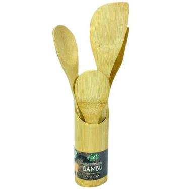 Imagem de Kit De Colheres Bambu Utensílios De Cozinha 5 Peças Ecos 