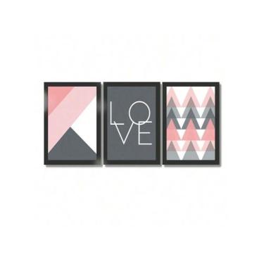 Imagem de Kit 3 Placas Quadros Decorativos Para Sala Quarto Abstrato Rosa Love -