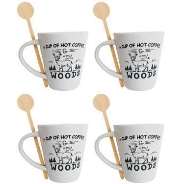 Imagem de Jogo com 4 Canecas de Porcelana com Dizeres 320ml + Mexedores de Madei