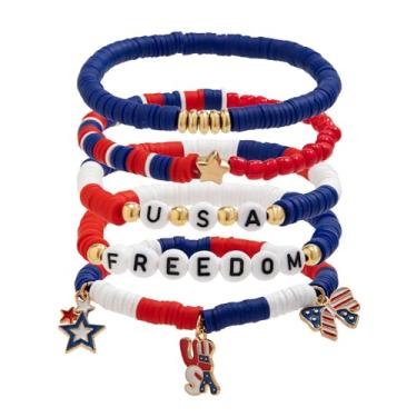 Imagem de hhdatc Pulseira de bandeira americana para mulheres, meninas, pulseira de argila empilhável, arco-íris, presente de amizade, 4 de julho, decoração dos EUA, One Size, Pedra, Alexandrita sintética