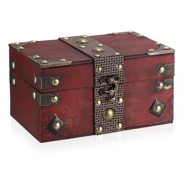 Imagem de ELLDOO Baú de joias vintage do tesouro, caixa de lembranças de pirata para presentes, caixa de cartões de tarô vermelho retrô caixa de armazenamento decorativa de madeira para bugigangas de pérolas