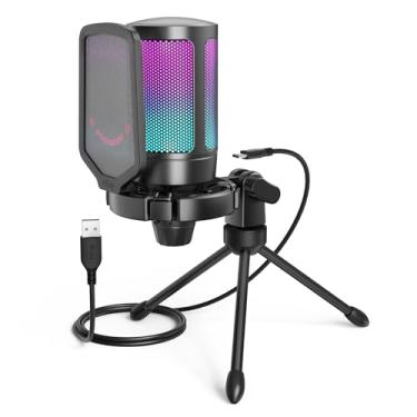 Imagem de FIFINE Microfone USB Para Jogos Para PS5 PC, Microfone Condensador Com Mudo Rápido, Indicador RGB, Suporte De Tripé, Pop Filter, Suporte De Choque, Controle De Ganho Para Twitch Podcasts -A6V