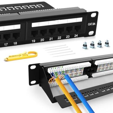 Imagem de PBAEGAV Patch Panel 24 portas montagem em rack ou parede Cat6A 1U Network Patch Panel 48.3 cm RJ45 Patch Panel para rede de 10 Gigabit, 110 ou ferramentas de impacto Krone compatíveis (painel de patch
