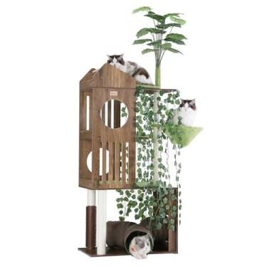 Imagem de FourFurPets Árvore de gato grande com folhas, torre de gato de 188 cm para gatos internos, árvore moderna para gatos com poste para arranhar, poleiro grande, túneis, bola giratória, autotratador