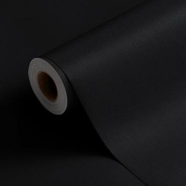 Imagem de FUKU MON Papel de parede preto 59,9 cm x 998,2 cm Papel de contato com película de vinil espesso removível texturizado sólido para armários quarto decoração de parede