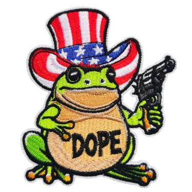 Imagem de CHBROS Remendos bordados de sapo de chapéu americano com arma, aplique de adesivos de animais engraçados, passar a ferro ou costurar em roupas, jaquetas, camisetas, mochilas, bonés..