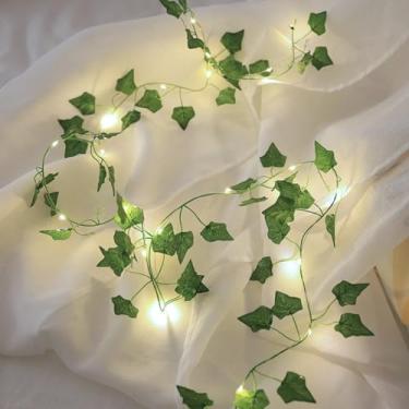Imagem de Pacote com 2 videiras com luzes de fadas operadas a pilha, 80 luzes de corda de guirlanda de hera artificial de LED para quarto, quarto, jardim de parede, festa, decoração de festa de aniversário de