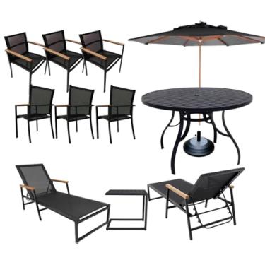 Imagem de Kit Amélia Completo Mesa 1,40m Ripada Alumínio + Cadeiras e Espreguiçadeiras Piscina (Preto)