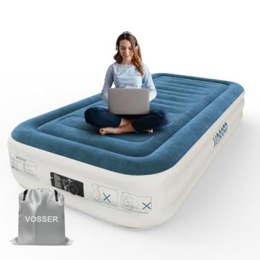 Imagem de VOSSER Colchão de ar duplo com bomba embutida, colchão inflável 2 minutos autoinflação/esvaziamento, colchão de sopro mais espesso à prova de vazamento, cama de ar flocada superior com bolsa de