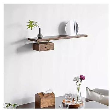 Imagem de Prateleiras flutuantes de madeira maciça montadas na parede, prateleira de parede com gaveta e espelho para decoração e armazenamento, borda de imagem para quarto/banheiro/sala de estar/cozinha (cor