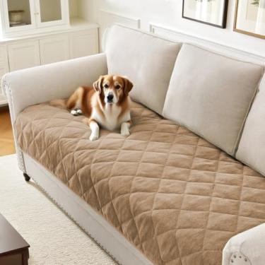 Imagem de PrinceDeco Capa de cama de chenille para cães, grossa, macia, para sofá de 3 almofadas, antiderrapante, acolchoada, lavável, protetor de móveis para filhotes, gatos, crianças (91 cm x 177 cm, cáqui)