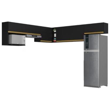 Imagem de Kit Armário Cozinha Modulada Aéreo Canto 230cm 6 Peças Veneza Multimóveis Mp2296 Preto/dourado