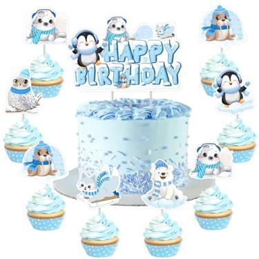 Imagem de Funmemoir Arctic Animals Birthday Decorations - Winter Happy Birthday Cake Toppers with Penguin Polar Bear Cupcake Toppers for Arctic Polar Winter Animal Themed 1st 2nd 3rd Bday Parties