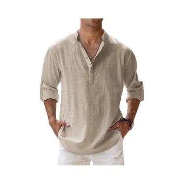 Imagem de Camisas De Verão Casuais Masculinas Em Algodão E Linho Com Gola Henley