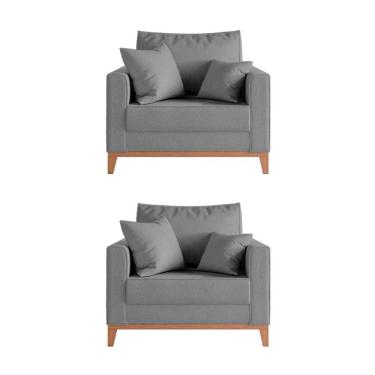 Imagem de Kit 2 Poltronas Beny Para Recepção Com 2 Almofadas Linho Cinza Base Em Madeira Maciça