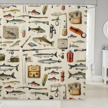 Imagem de Manfei Cortina de chuveiro de pesca com ganchos, rústica casa de lago robalo, peixe, animal, caça, cortina de banho, acessórios de banheiro, painel impermeável, 182 x 213 cm