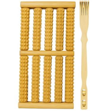 Imagem de Kit Massageador Premium de Madeira 26x12 cm 1 Massageador de Pés com 10 Rolos Texturizados + 1 Coçador de Costas 46x3 cm, Design Ergonômico e Durável premium
