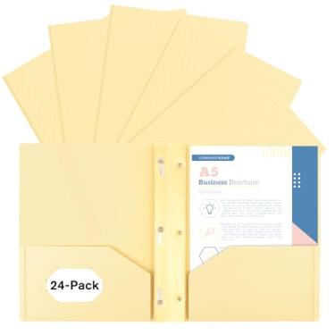 Imagem de EEHZTSI Pacote com 24 de plástico e bolsos e pontas, 2 bolsos e 3 fixadores, pastas pastel, comporta papel de 21 cm x 28 cm para escola, escritório/casa, amarelo