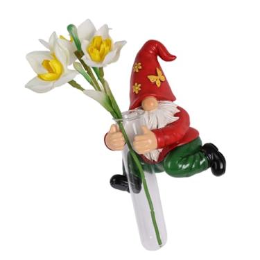 Imagem de Vaso de parede com estátua de gnomo – Escultura de parede 3D exclusiva, anão de resina de gnomo de jardim com tubo de teste de vidro, vaso de flores de parede montado e plantador para sala de estar